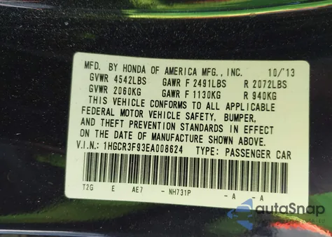 2014 Honda Accord Touring z USA, uszkodzony, nr VIN 1HGCR3F93EA008624